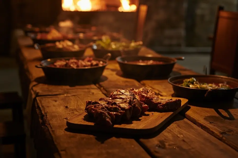 Mesa de tenedor libre con carne a la brasa en La Herradura